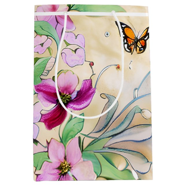 Sac Cadeau Moyen Aquarelle fleurs violettes et papillon (Devant)