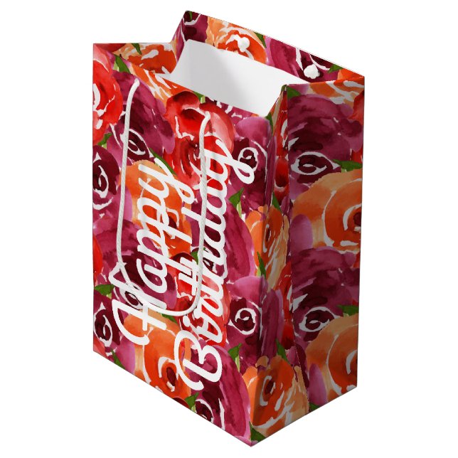 Sac Cadeau Moyen Aquarelle Floral Collage Joyeux anniversaire (Devant Angle)