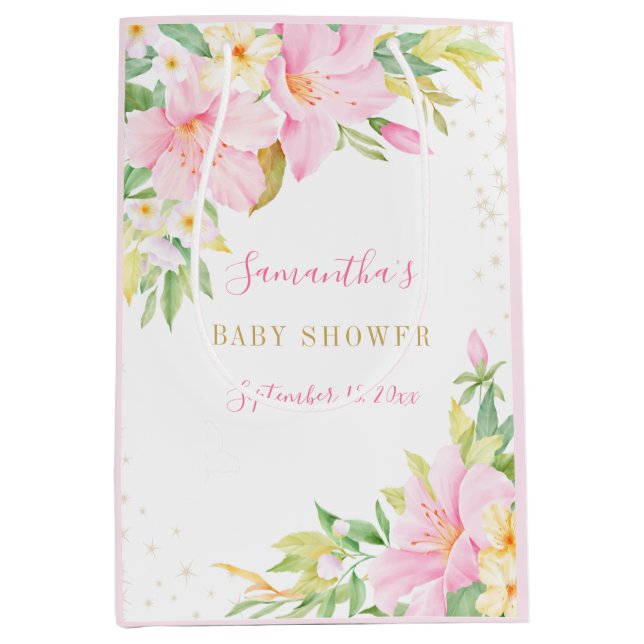 Sac Cadeau Moyen Aquarelle florale Botanique Blush Baby shower rose (Devant)