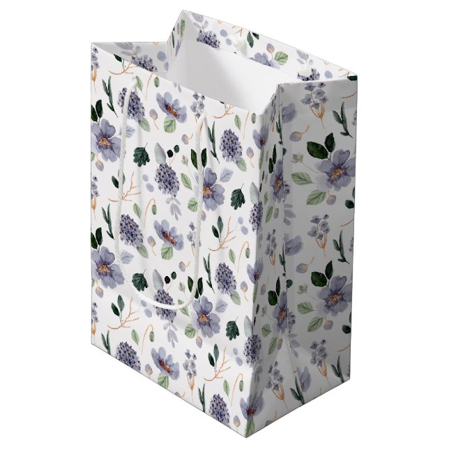 Sac Cadeau Moyen Aquarelle Florale Motif pourpre (Devant Angle)