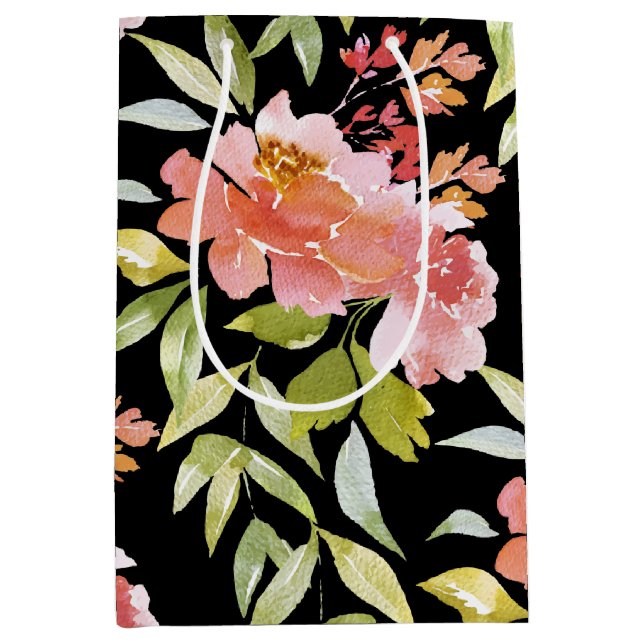 Sac Cadeau Moyen Aquarelle florale sur noir (Devant)