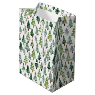 Sac Cadeau Moyen  Aquarelle Forêt d'hiver de pins rustiques  