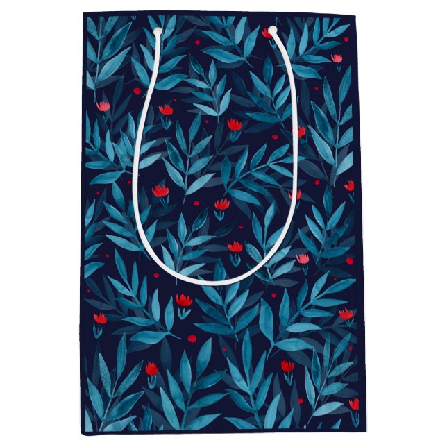 Sac Cadeau Moyen Aquarelle jardin nocturne - turquoise, bleu et rou (Devant)