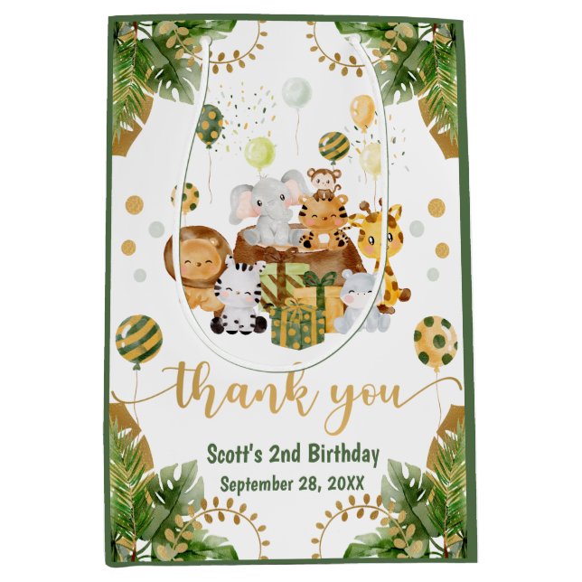 Sac Cadeau Moyen Aquarelle Jungle Safari Animaux Anniversaire (Devant)