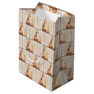Sac Cadeau Moyen Aquarelle mère et bébé Giraffe