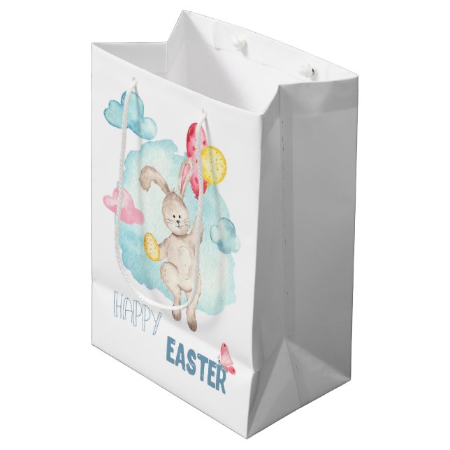 Sac Cadeau Moyen Aquarelle mignonne Moderne Joyeux Ballons de lapin (Devant Angle)