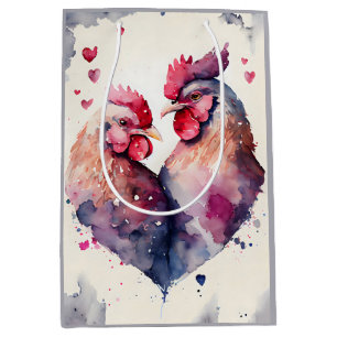 Sac Cadeau Moyen Aquarelle mignonne Poulet Couple Coeur gris blanc