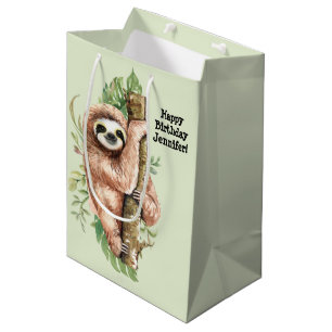 Sac Cadeau Moyen Aquarelle mignonne Sloth & Feuilles tropicaux Anni