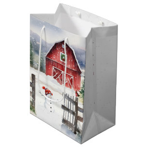 Sac Cadeau Moyen Aquarelle Noël Grange avec Snowman
