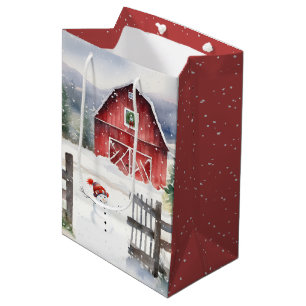Sac Cadeau Moyen Aquarelle Noël Grange avec Snowman
