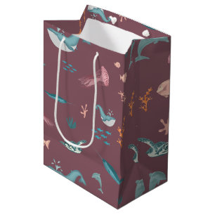Sac Cadeau Moyen Aquarelle Océan Sea Animaux Motif rose pâle