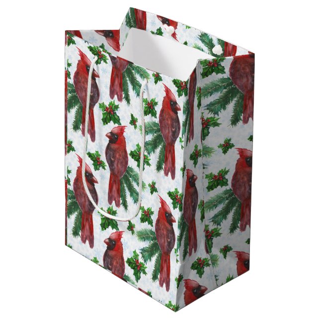 Sac Cadeau Moyen aquarelle Oiseau cardinal rouge (Devant Angle)