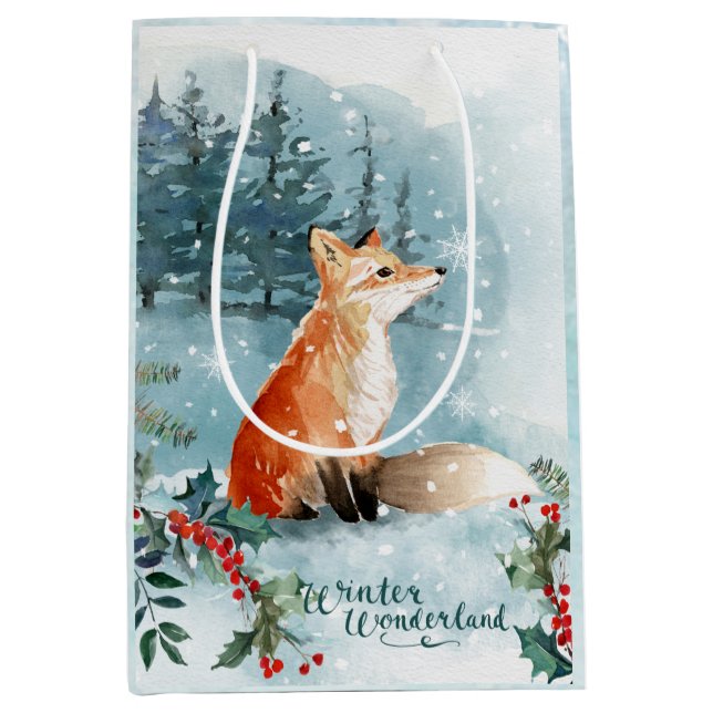 Sac Cadeau Moyen Aquarelle paysage boisé d'hiver, renard Noël (Devant)
