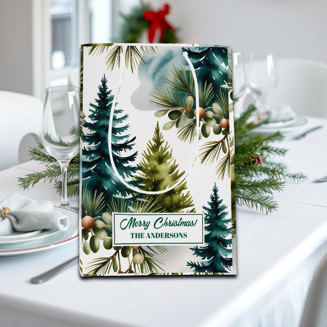 Sac Cadeau Moyen Aquarelle Pine Motif Elégant hiver (Créateur téléchargé)