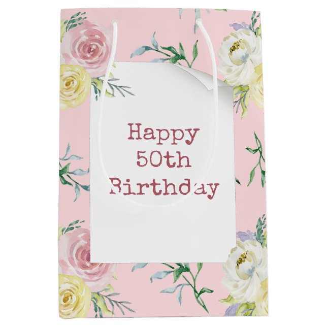 Sac Cadeau Moyen Aquarelle Rose 50e anniversaire (Devant)