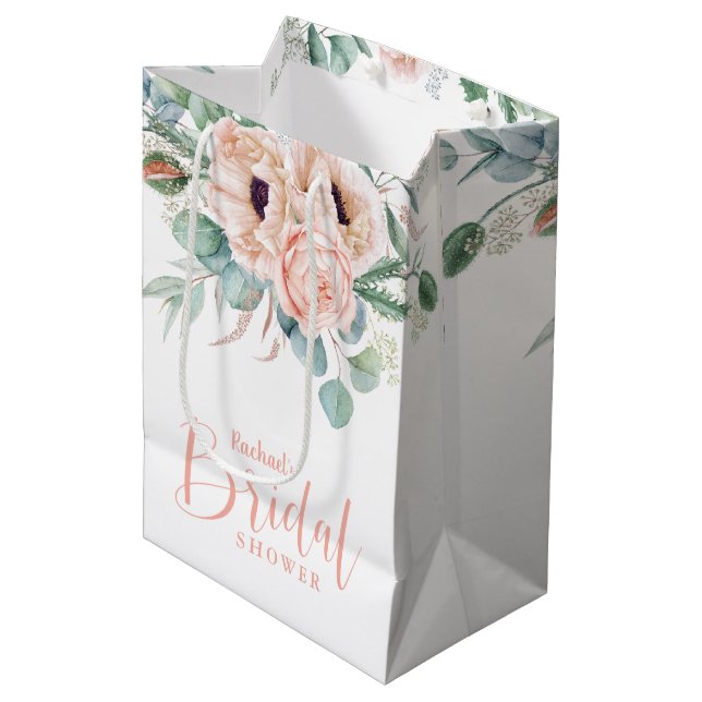 Sac Cadeau Moyen Aquarelle rose et beige Fête des mariées florale (Devant Angle)