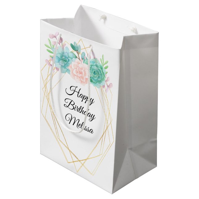 Sac Cadeau Moyen Aquarelle rose et vert moderne Succulents Annivers (Devant Angle)