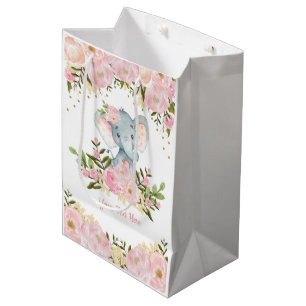 Sac Cadeau Moyen Aquarelle rose féminine de bébé d'éléphant d'or
