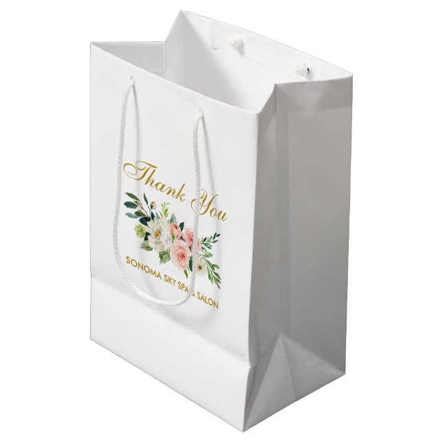 Sac Cadeau Moyen Aquarelle rose Floral or Merci élégant (Devant Angle)
