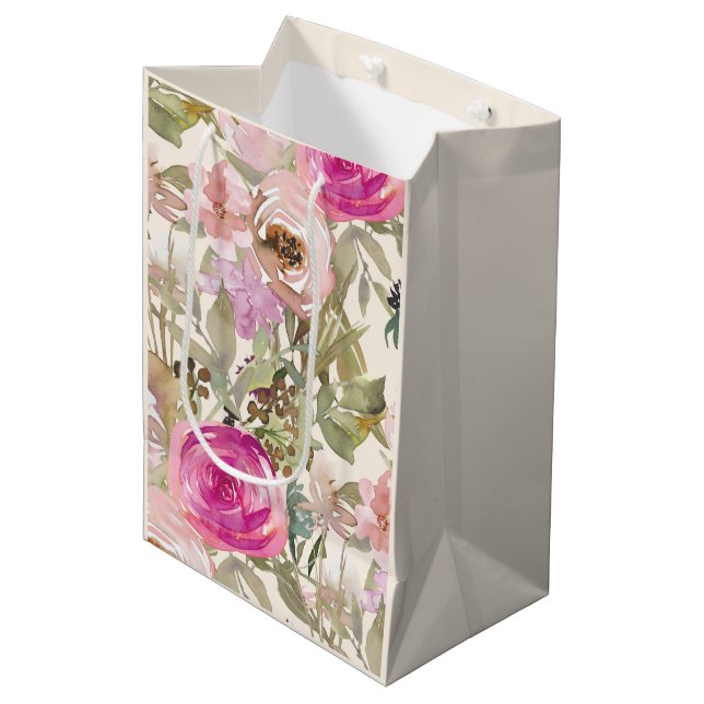 Sac Cadeau Moyen Aquarelle rose Floral Sage Vert Feuille Crème (Devant Angle)