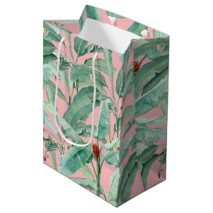Sac Cadeau Moyen Aquarelle rose moderne Tropical Banana Palm Feuill