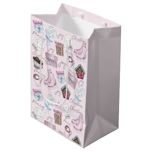Sac Cadeau Moyen Aquarelle rose Noël mignonne (Devant Angle)