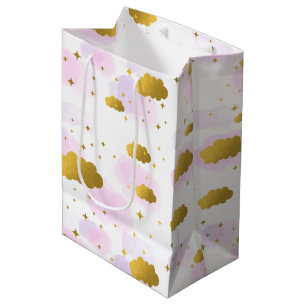 Sac Cadeau Moyen Aquarelle rose Nuages Gold Stars Sky