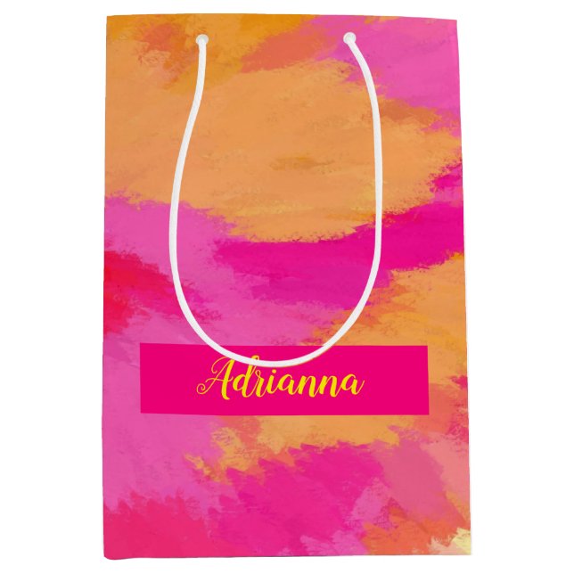 Sac Cadeau Moyen Aquarelle rose, orange et jaune (Devant)
