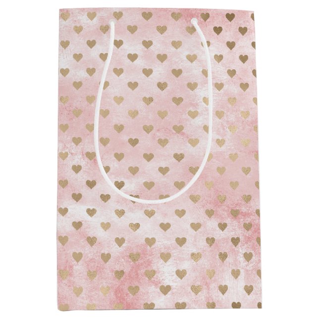 Sac Cadeau Moyen Aquarelle rose pâle Coeurs d'or (Devant)