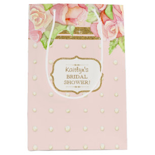 Sac Cadeau Moyen Aquarelle rose roses perles Fête des mariées Bouqu