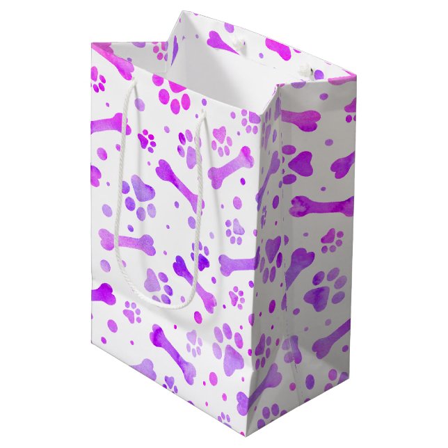 Sac Cadeau Moyen Aquarelle rose violet Empreintes de pattes Anniver (Devant Angle)