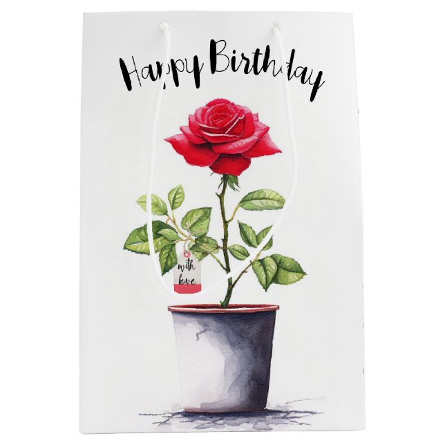 Sac Cadeau Moyen Aquarelle rouge Rose d'anniversaire (Devant)