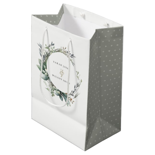 Sac Cadeau Moyen Aquarelle rustique Mariage de serrure vert feuilla (Devant Angle)