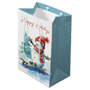 Sac Cadeau Moyen Aquarelle Snowman De Noël Sur Un Ski