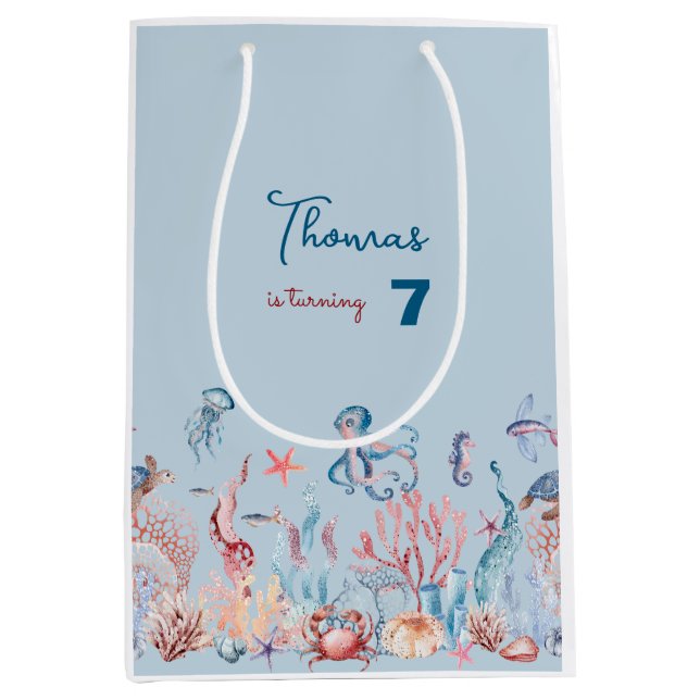 Sac Cadeau Moyen Aquarelle sous l'anniversaire de enfant marin (Devant)