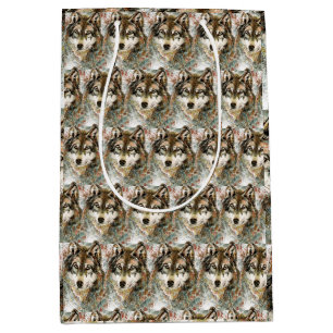 Sac Cadeau Moyen Aquarelle Tête de loup Gris noir blanc