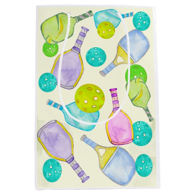 Sac Cadeau Moyen Aquarelle Thème Pickleball Sports Anniversaire (Devant)