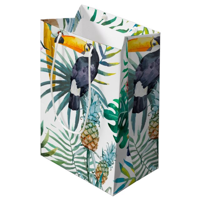 Sac Cadeau Moyen Aquarelle tropicale d'oiseau de perroquet d'ananas (Devant Angle)
