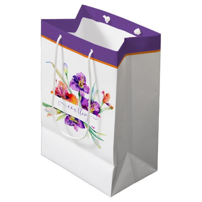 Sac Cadeau Moyen Aquarelle violette Iris personnalisée (Devant Angle)
