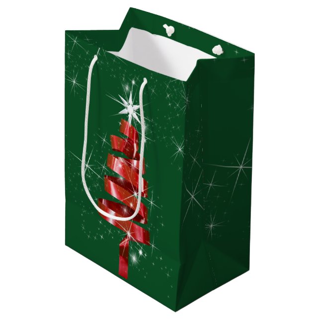 Sac Cadeau Moyen Arbre de Noël à ruban rouge étincelant (Devant Angle)