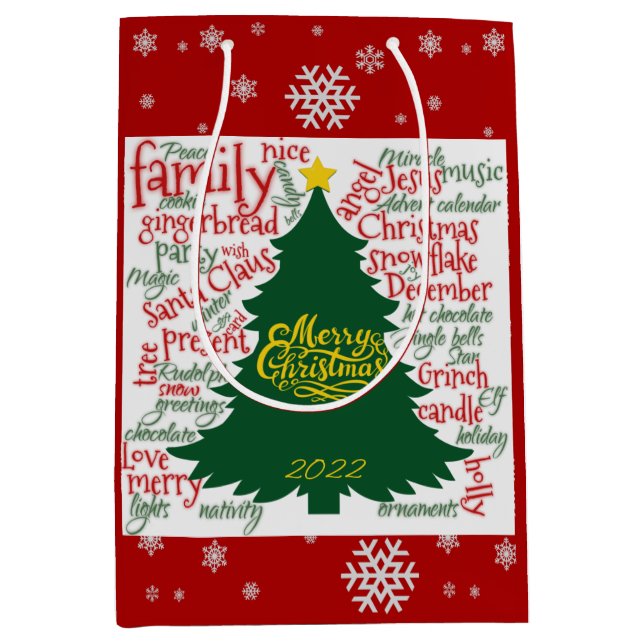 Sac Cadeau Moyen Arbre de Noël avec mots de Noël (Devant)