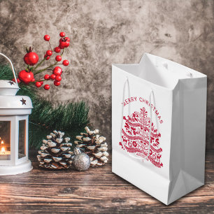 Sac Cadeau Moyen Arbre de Noël d'art populaire scandinave rouge