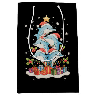 Sac Cadeau Moyen Arbre de Noël Dauphins Santa Lumières Xmas Fêtes