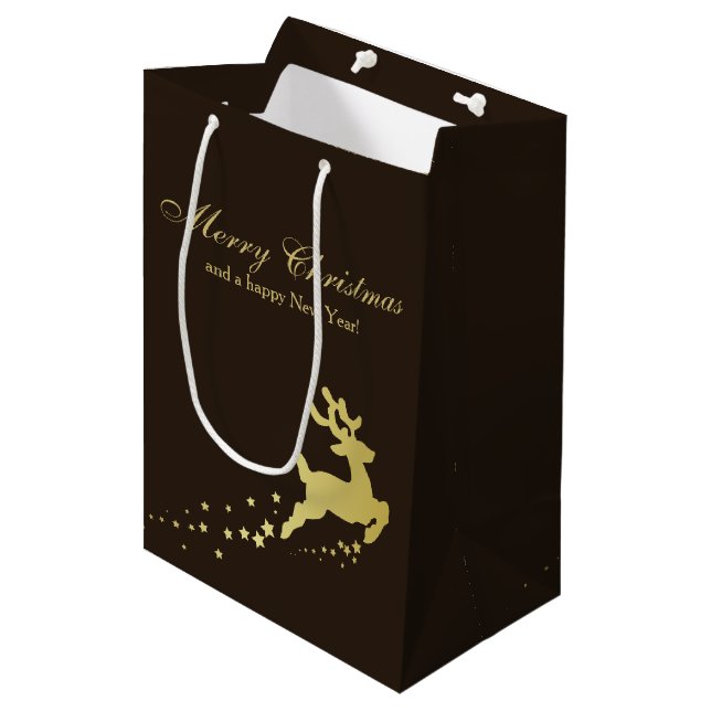 Sac Cadeau Moyen Arbre de Noël d'or avec le renne (Devant Angle)
