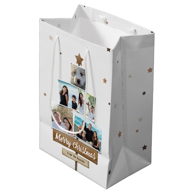 Sac Cadeau Moyen Arbre de Noël en bois rustique | 5 Photos Collage (Devant Angle)