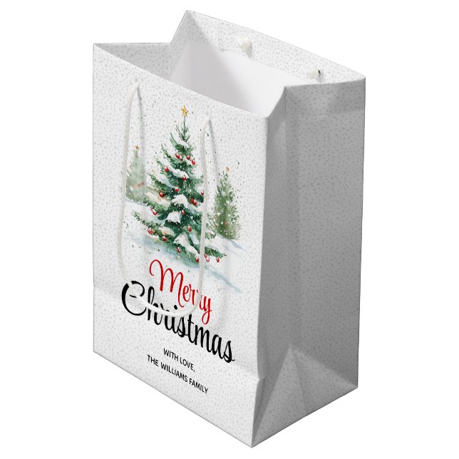 Sac Cadeau Moyen Arbre de Noël extérieur et neige (Devant Angle)