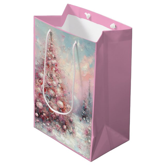Sac Cadeau Moyen Arbre de Noël impressionniste Whimsical bleu rose (Devant Angle)