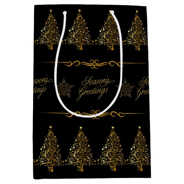 Sac Cadeau Moyen Arbre de Noël Luxueux Élégant Noir Or (Devant)