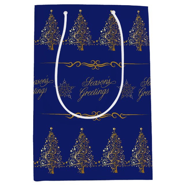 Sac Cadeau Moyen Arbre de Noël Luxueux Élégant Royal Bleu Or (Devant)