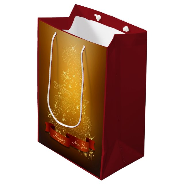 Sac Cadeau Moyen Arbre De Noël Or Avec Lanternes Et Vaches (Devant Angle)